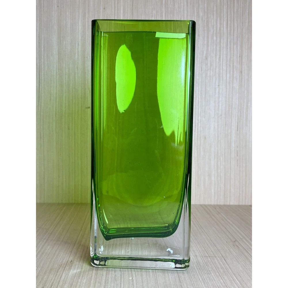 Vintage Emerald Green Glass Rectangular Bud Vase Heavy Clear Base Modernist MCM
